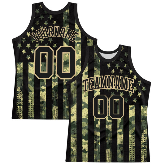 Custom Camo Black-Vegas Gold American Flag Round Neck Sublimation Salute To Service Basketball Suit Jersey - Sky-Custom