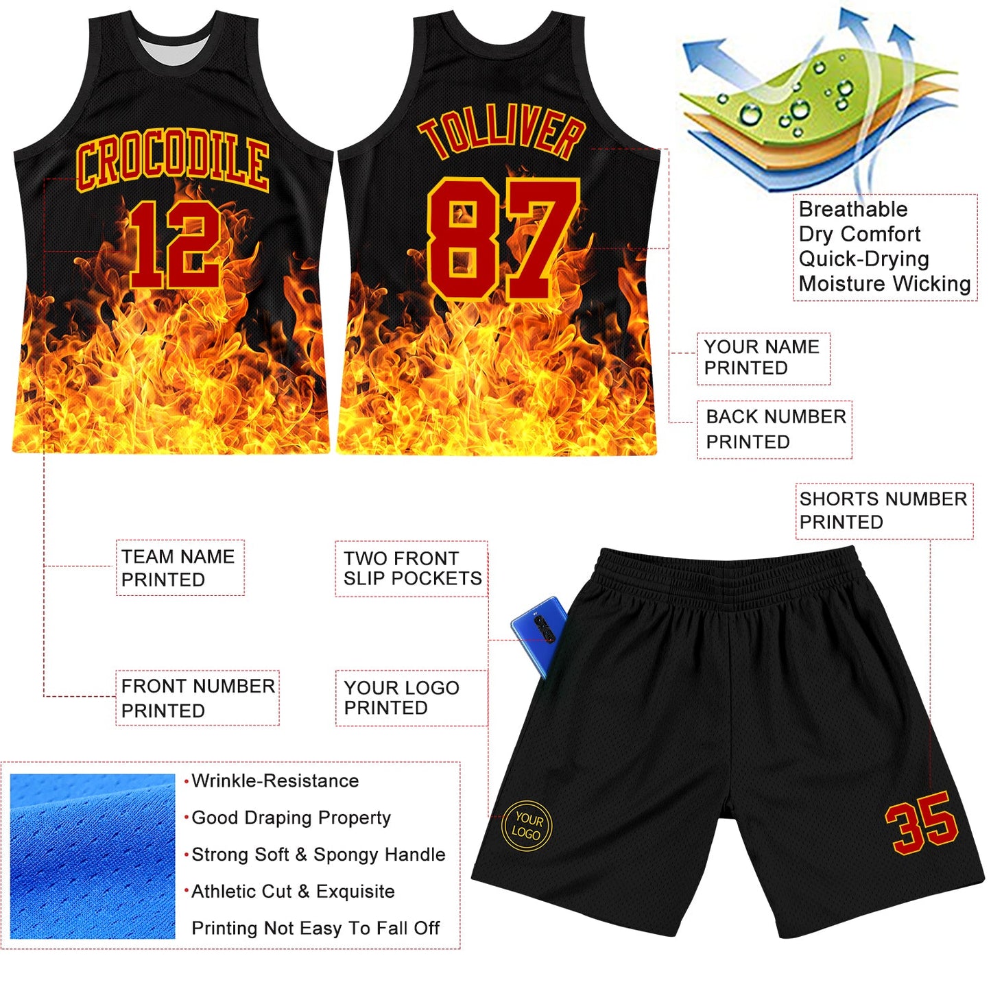 Custom Black Red-Yellow Flame Round Neck Sublimation Basketball Suit Jersey - Sky-Custom