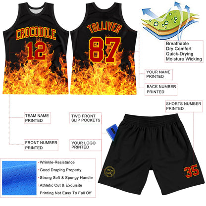 Custom Black Red-Yellow Flame Round Neck Sublimation Basketball Suit Jersey - Sky-Custom
