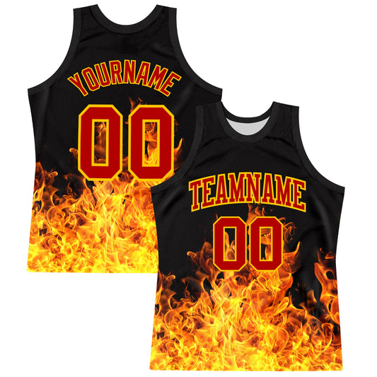 Custom Black Red-Yellow Flame Round Neck Sublimation Basketball Suit Jersey - Sky-Custom