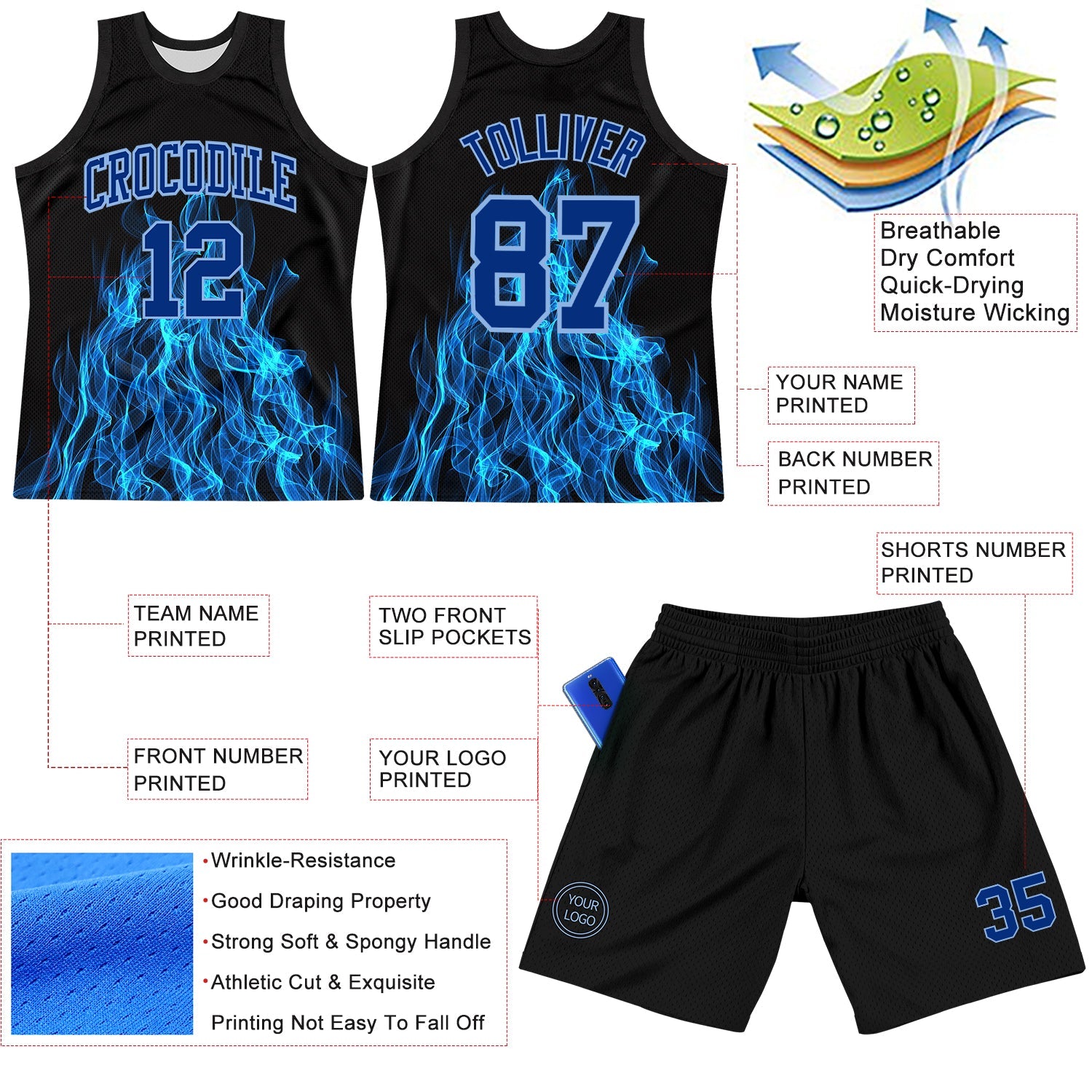 Custom Black Royal-Light Blue Flame Round Neck Sublimation Basketball Suit Jersey - Sky-Custom