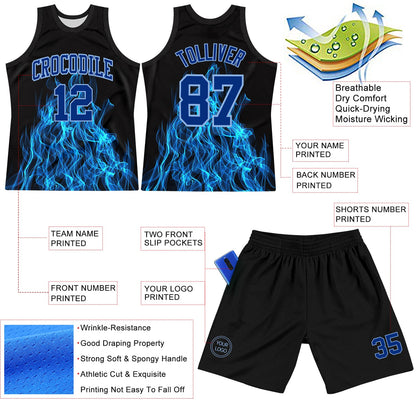 Custom Black Royal-Light Blue Flame Round Neck Sublimation Basketball Suit Jersey - Sky-Custom