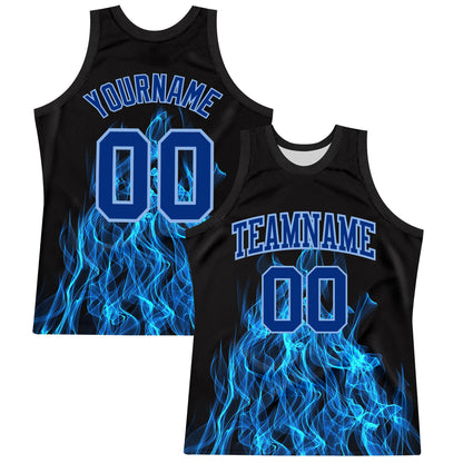 Custom Black Royal-Light Blue Flame Round Neck Sublimation Basketball Suit Jersey - Sky-Custom