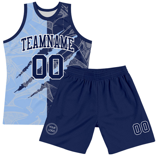 Custom Graffiti Pattern Navy Light Blue-White Scratch Round Neck Sublimation Basketball Suit Jersey - Sky-Custom