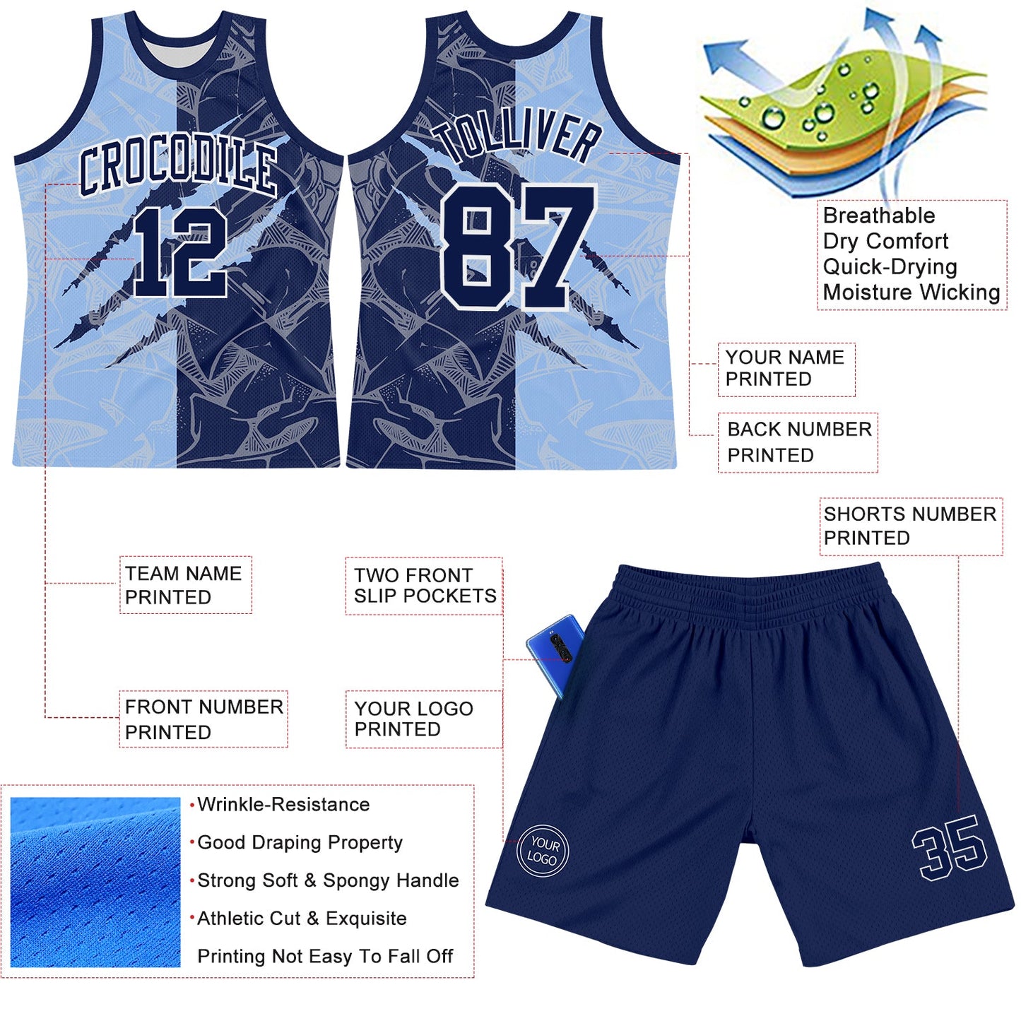 Custom Graffiti Pattern Navy Light Blue-White Scratch Round Neck Sublimation Basketball Suit Jersey - Sky-Custom