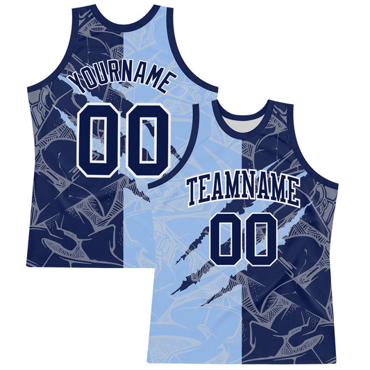 Custom Graffiti Pattern Navy Light Blue-White Scratch Round Neck Sublimation Basketball Suit Jersey - Sky-Custom