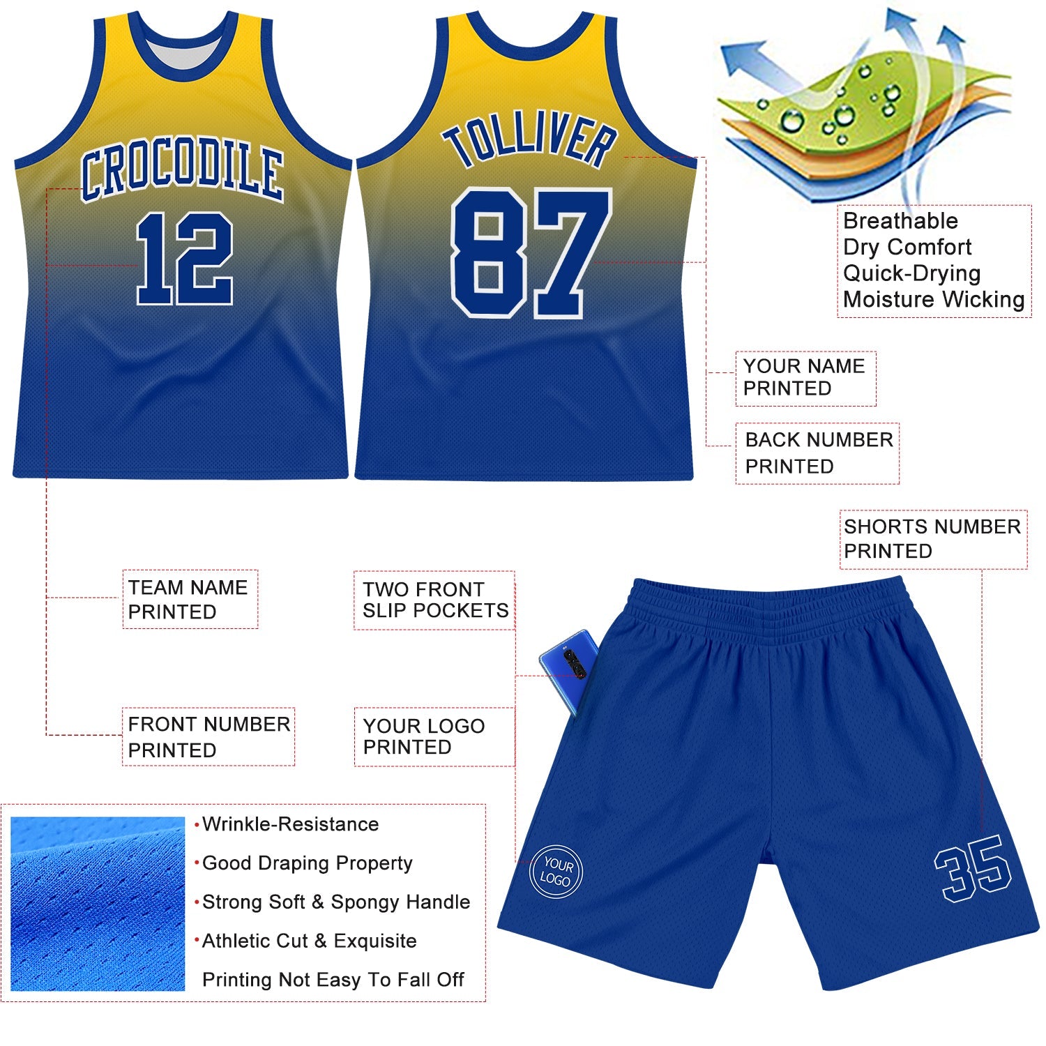 Custom Yellow Royal-White Fade Fashion Round Neck Sublimation Basketball Suit Jersey - Sky-Custom