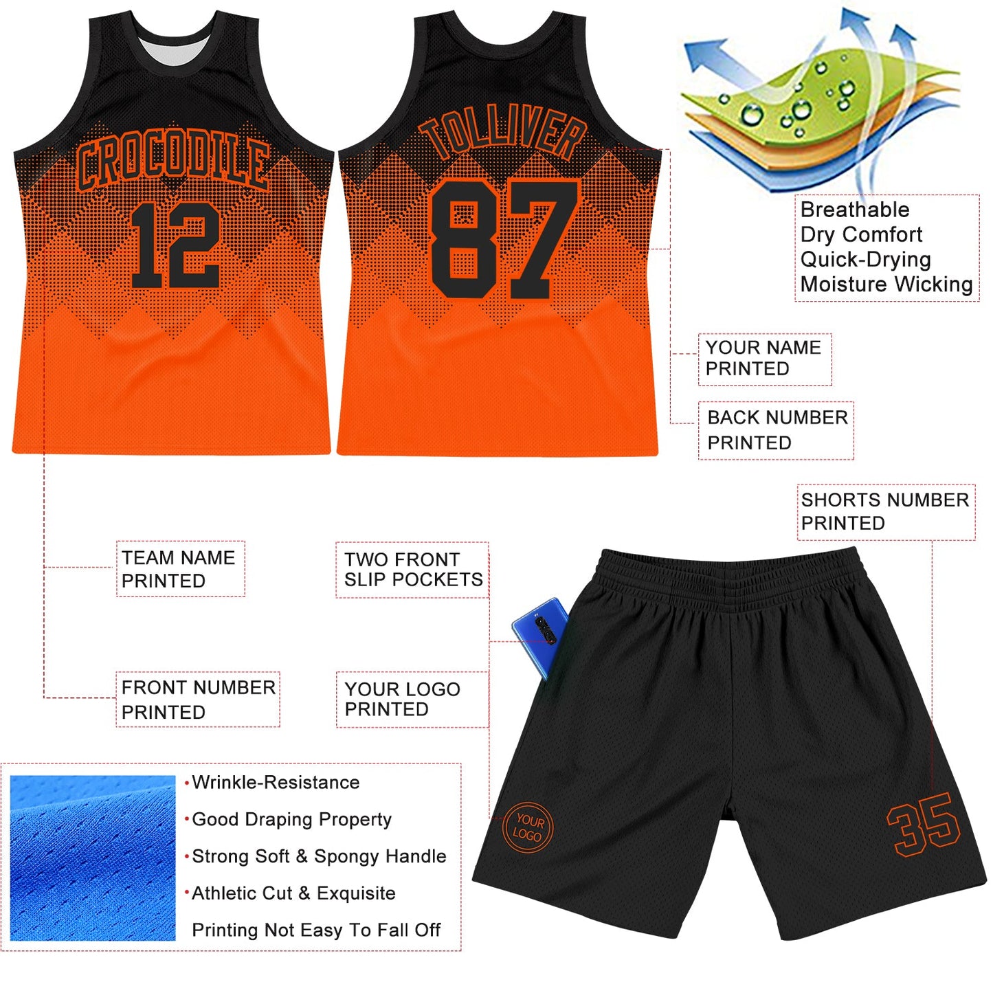 Custom Black Orange Gradient Square Shapes Round Neck Sublimation Basketball Suit Jersey - Sky-Custom