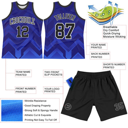 Custom Dark Purple Black Royal-White Geometric Shape Round Neck Sublimation Basketball Suit Jersey - Sky-Custom