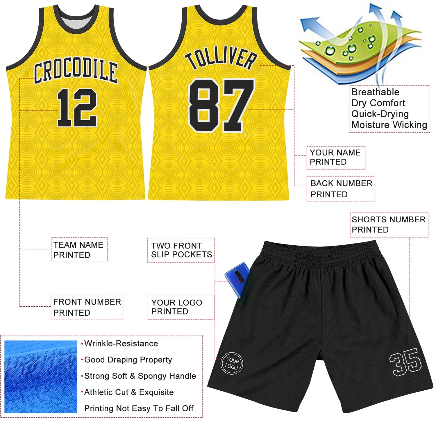 Custom Gold Black-White Geometric Shape Round Neck Sublimation Basketball Suit Jersey - Sky-Custom