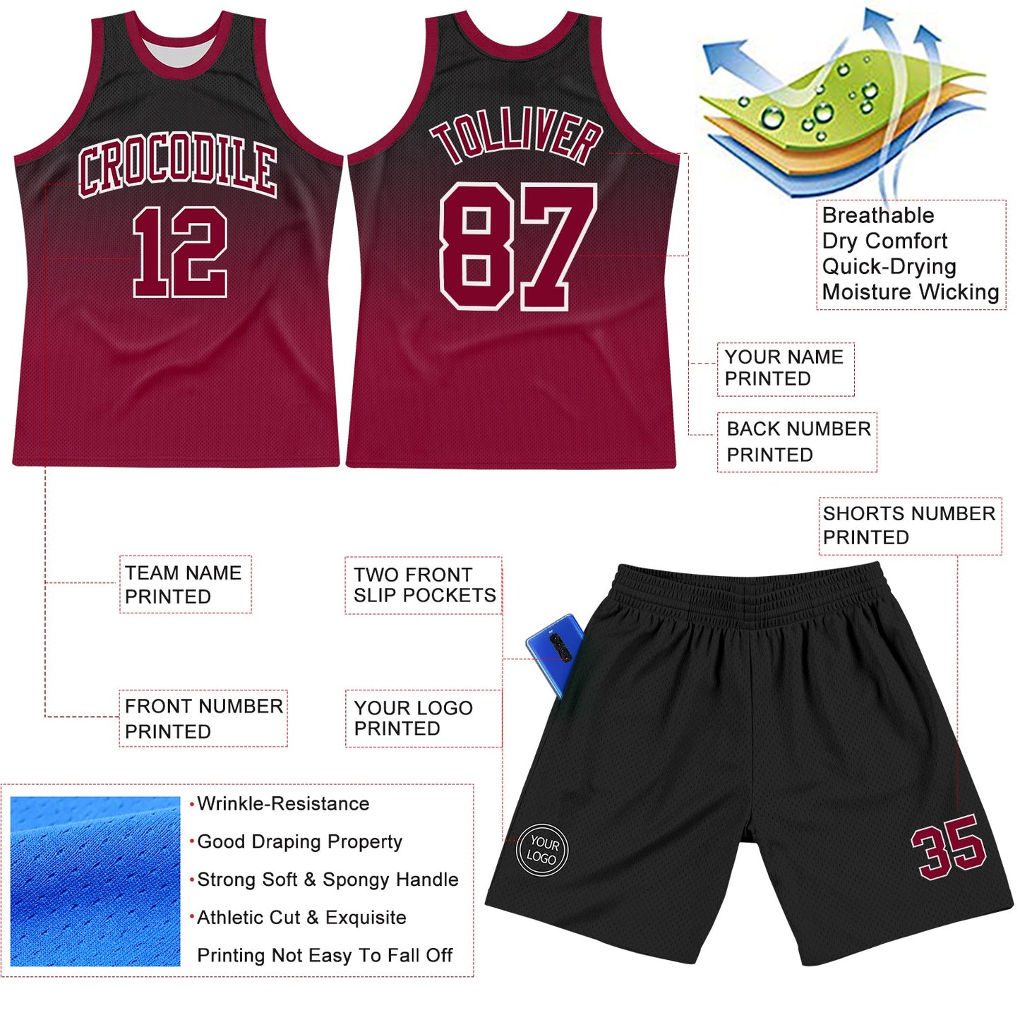 Custom Black Crimson-White Fade Fashion Round Neck Sublimation Basketball Suit Jersey - Sky-Custom