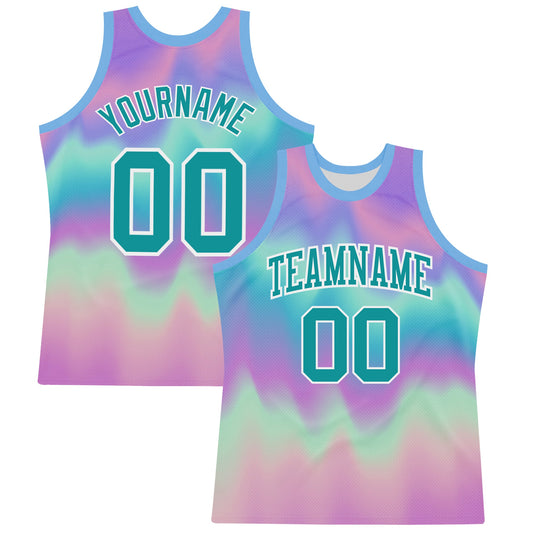 Custom Tie Dye Teal-White Round Neck Sublimation Basketball Suit Jersey - Sky-Custom