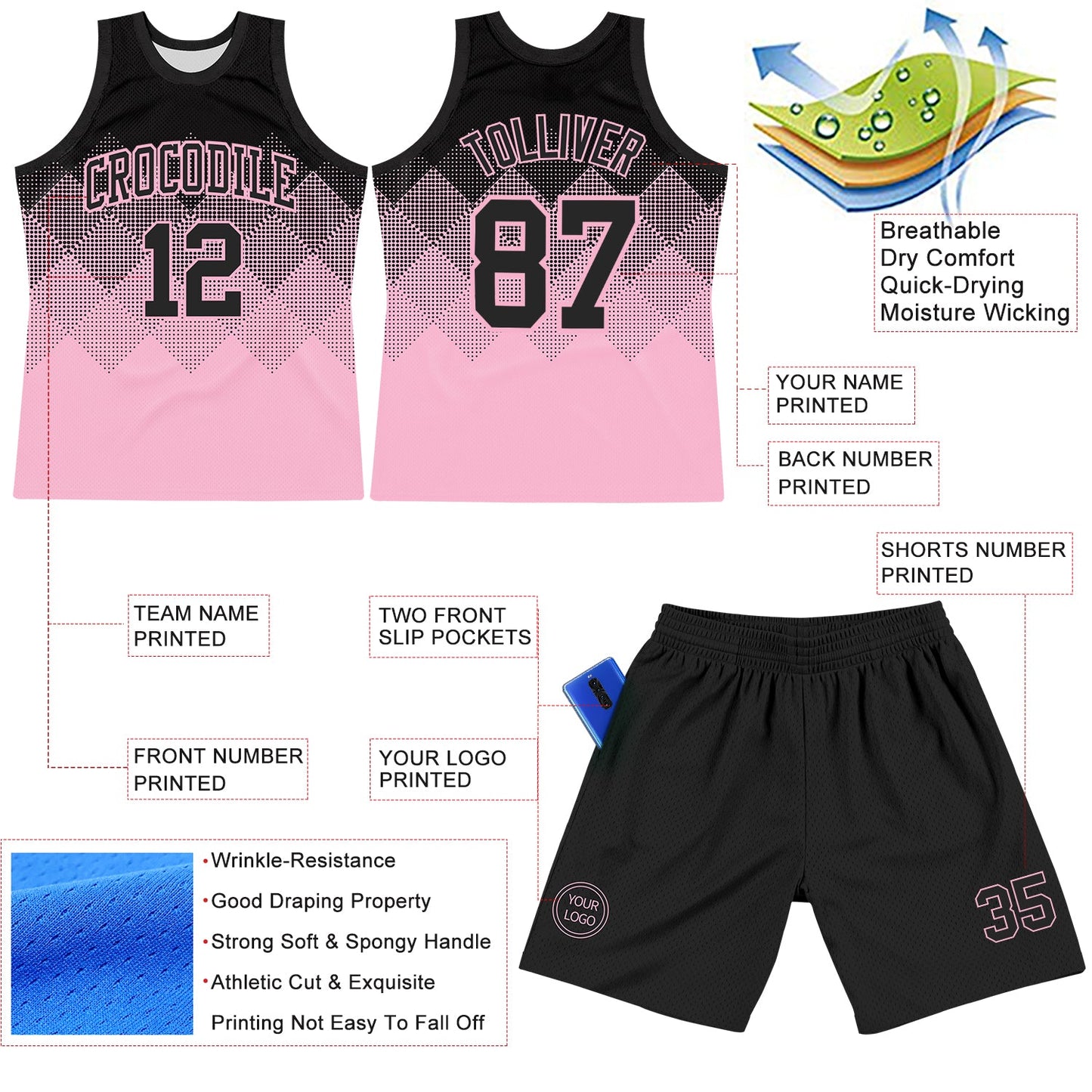 Custom Black Light Pink Gradient Square Shapes Round Neck Sublimation Basketball Suit Jersey - Sky-Custom