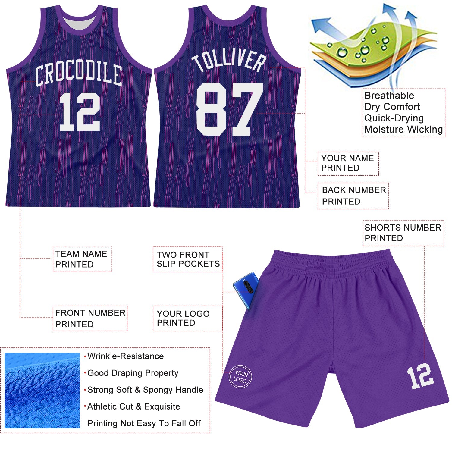 Custom Purple White-Pink Line Round Neck Sublimation Basketball Suit Jersey - Sky-Custom