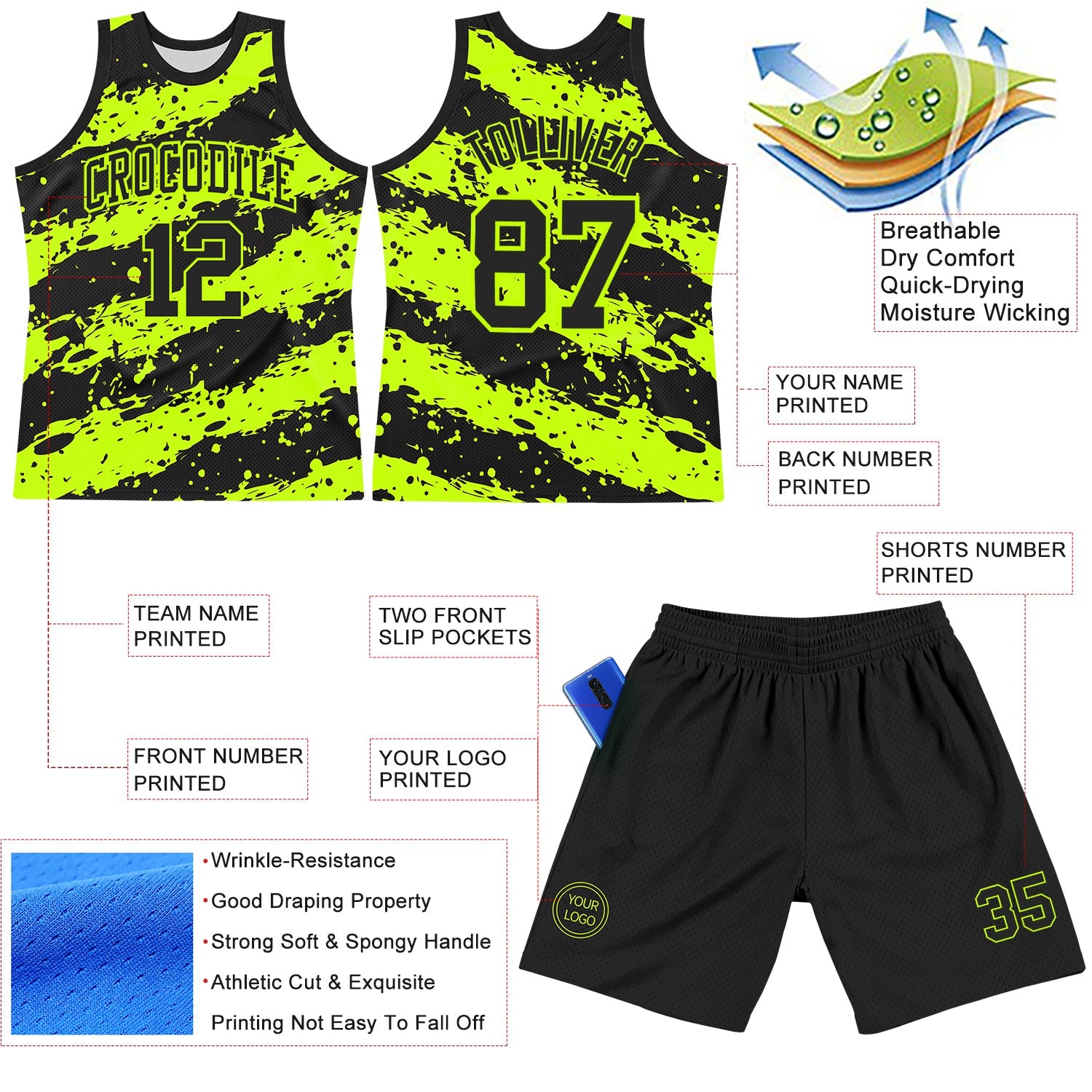 Custom Black Neon Green Splash Round Neck Sublimation Basketball Suit Jersey - Sky-Custom