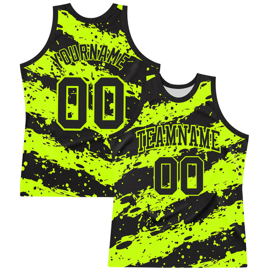 Custom Black Neon Green Splash Round Neck Sublimation Basketball Suit Jersey - Sky-Custom