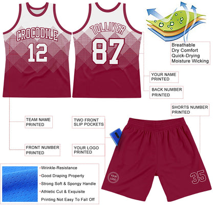 Custom White Maroon Gradient Square Shapes Round Neck Sublimation Basketball Suit Jersey - Sky-Custom