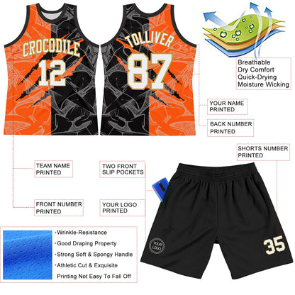 Custom Graffiti Pattern White Black Orange-Old Gold Scratch Round Neck Sublimation Basketball Suit Jersey - Sky-Custom