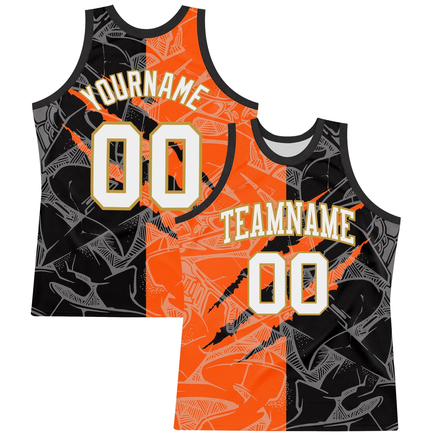 Custom Graffiti Pattern White Black Orange-Old Gold Scratch Round Neck Sublimation Basketball Suit Jersey - Sky-Custom