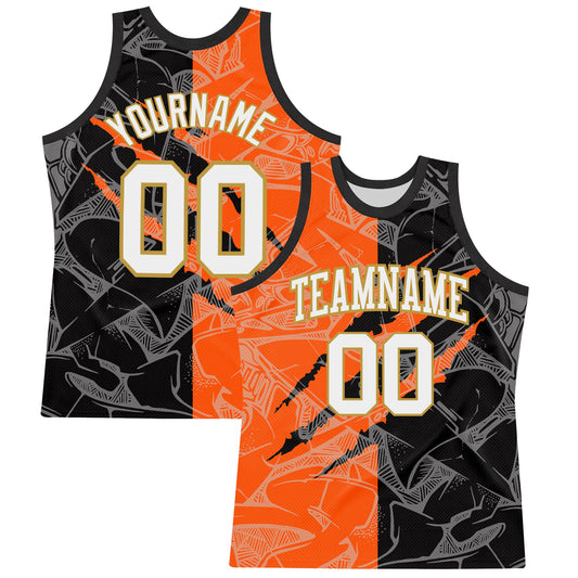 Custom Graffiti Pattern White Black Orange-Old Gold Scratch Round Neck Sublimation Basketball Suit Jersey - Sky-Custom