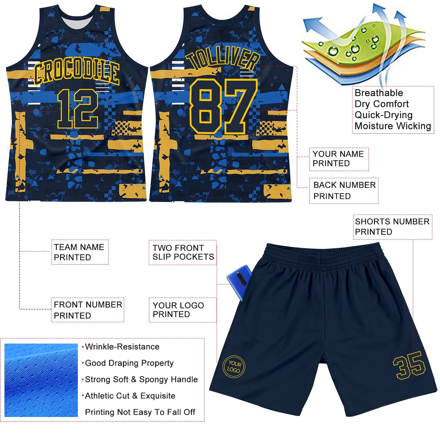 Custom Navy Yellow Abstract Shape Fragment Art Round Neck Sublimation Basketball Suit Jersey - Sky-Custom