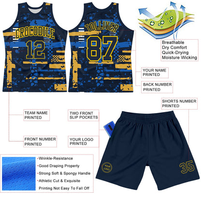 Custom Navy Yellow Abstract Shape Fragment Art Round Neck Sublimation Basketball Suit Jersey - Sky-Custom