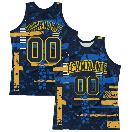 Custom Navy Yellow Abstract Shape Fragment Art Round Neck Sublimation Basketball Suit Jersey - Sky-Custom