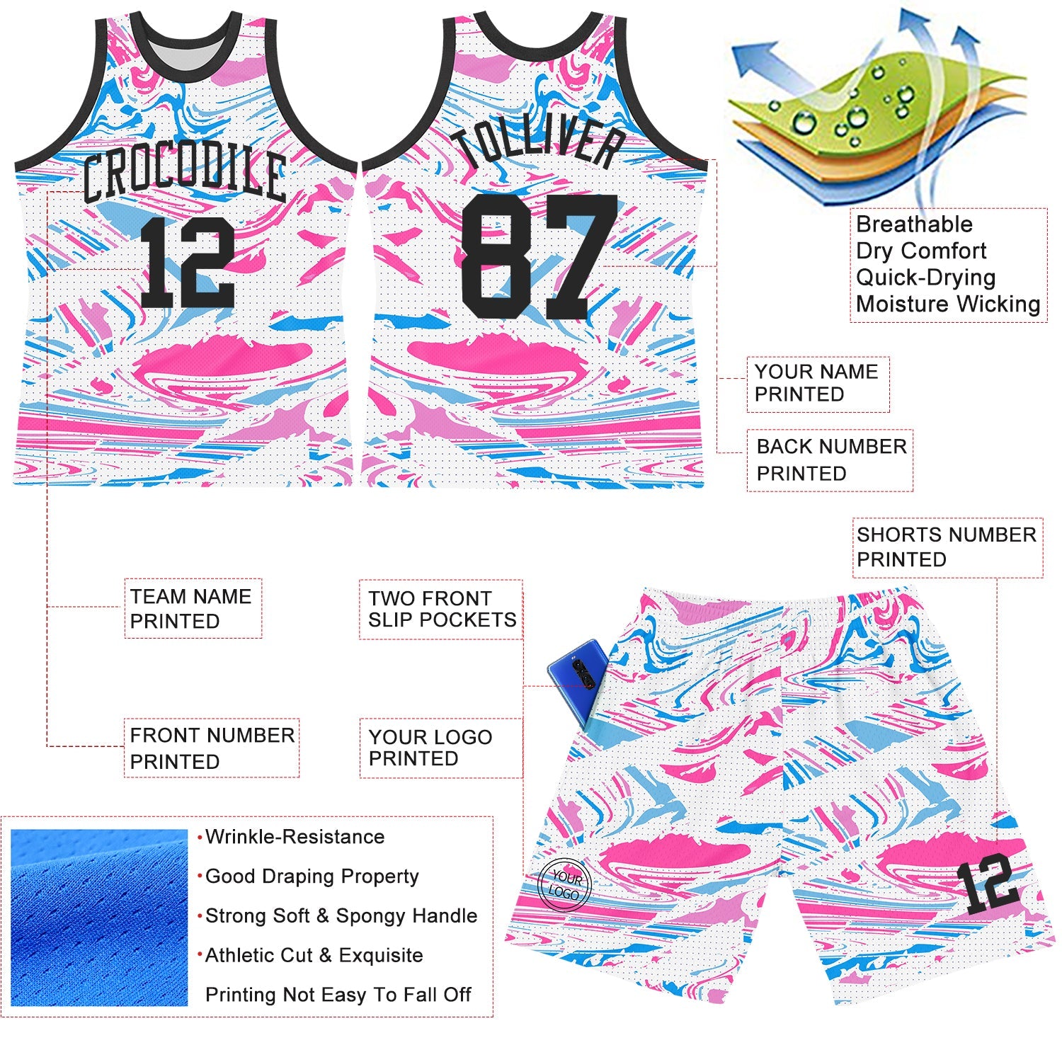 Custom Figure Black Pink-Light Blue Fluid Art Round Neck Sublimation Basketball Suit Jersey - Sky-Custom
