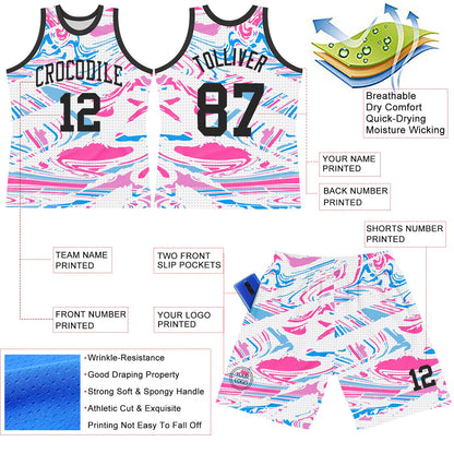 Custom Figure Black Pink-Light Blue Fluid Art Round Neck Sublimation Basketball Suit Jersey - Sky-Custom