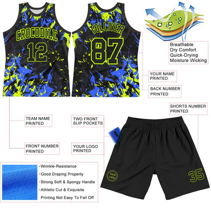 Custom Black Neon Green-Royal Splash Round Neck Sublimation Basketball Suit Jersey - Sky-Custom
