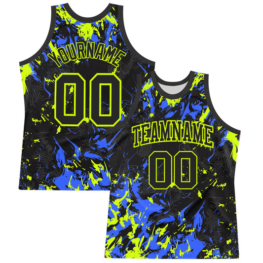Custom Black Neon Green-Royal Splash Round Neck Sublimation Basketball Suit Jersey - Sky-Custom
