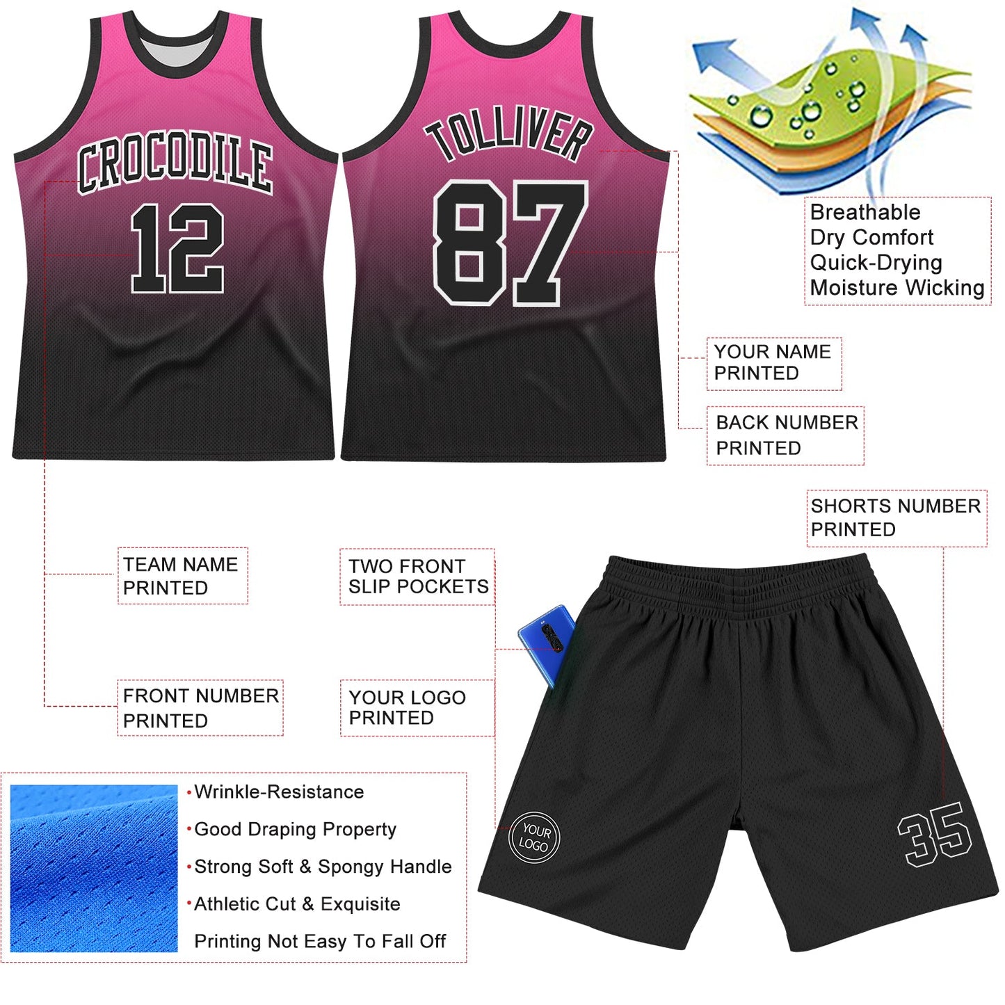 Custom Pink Black-White Fade Fashion Round Neck Sublimation Basketball Suit Jersey - Sky-Custom