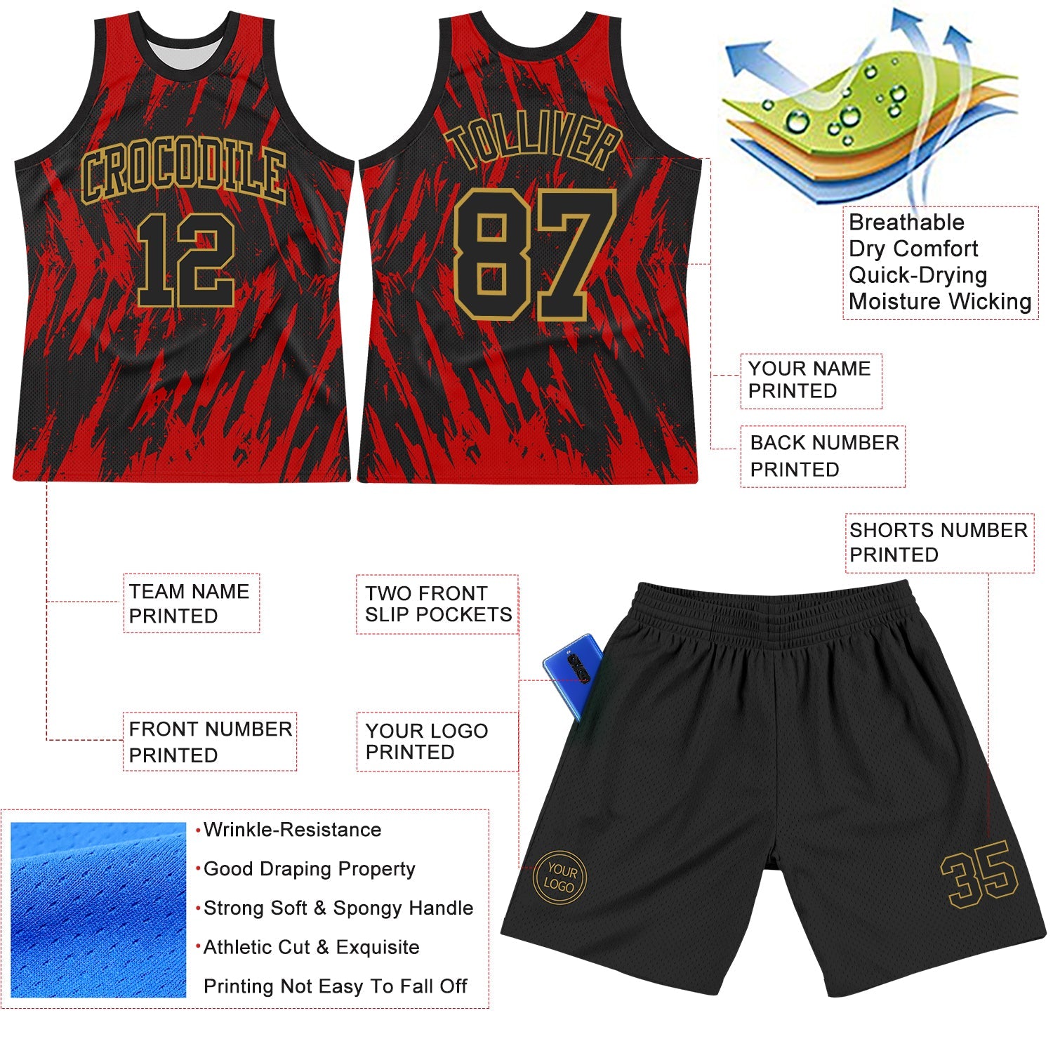 Custom Black Red-Old Gold Splash Round Neck Sublimation Basketball Suit Jersey - Sky-Custom