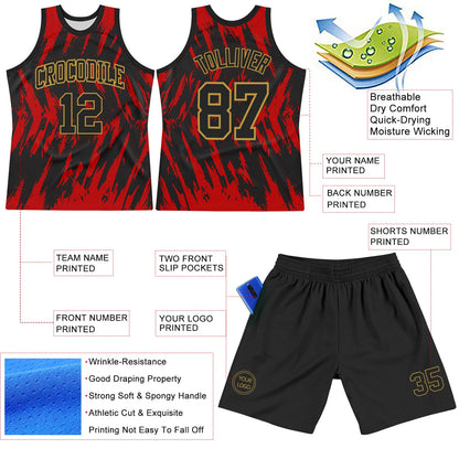 Custom Black Red-Old Gold Splash Round Neck Sublimation Basketball Suit Jersey - Sky-Custom