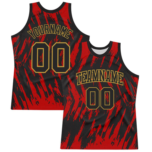 Custom Black Red-Old Gold Splash Round Neck Sublimation Basketball Suit Jersey - Sky-Custom