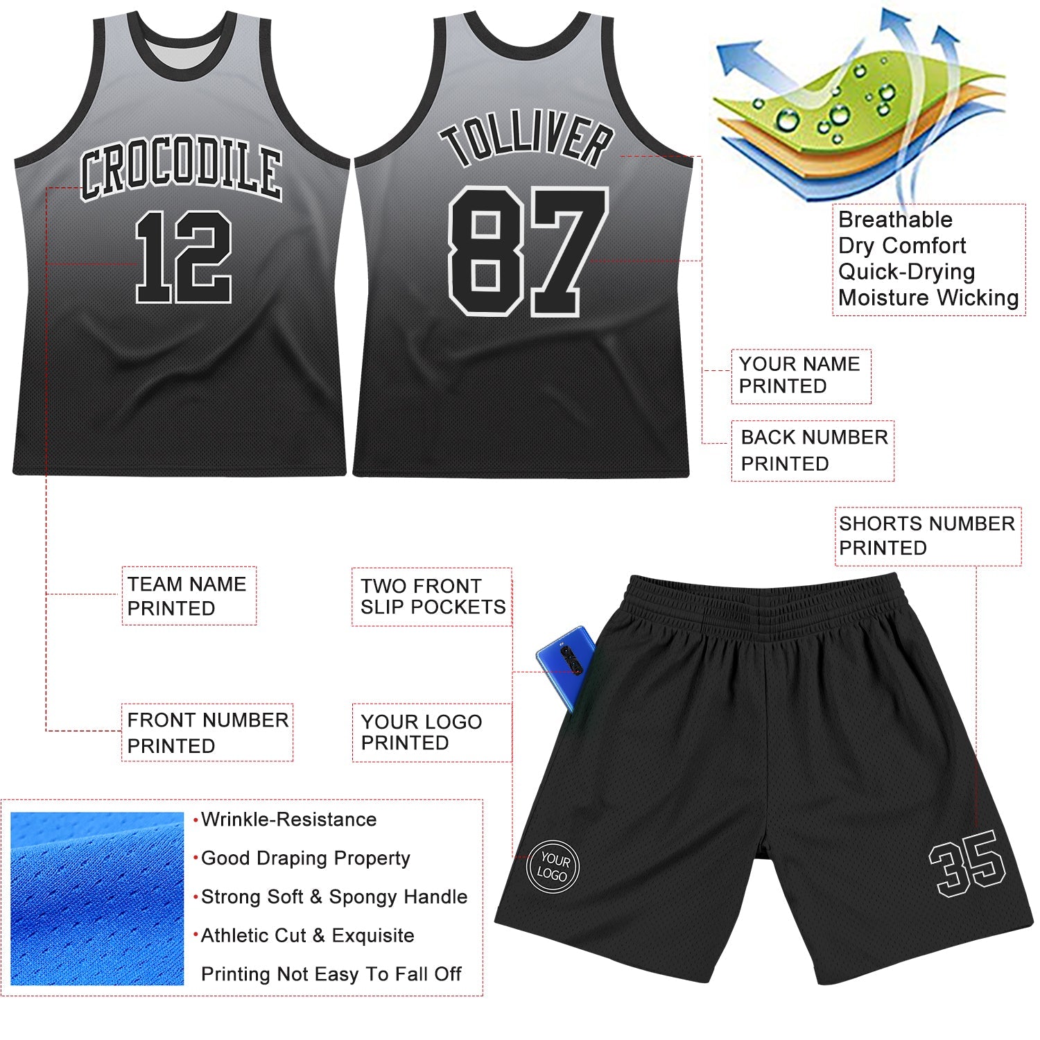 Custom Gray Black-White Fade Fashion Round Neck Sublimation Basketball Suit Jersey - Sky-Custom