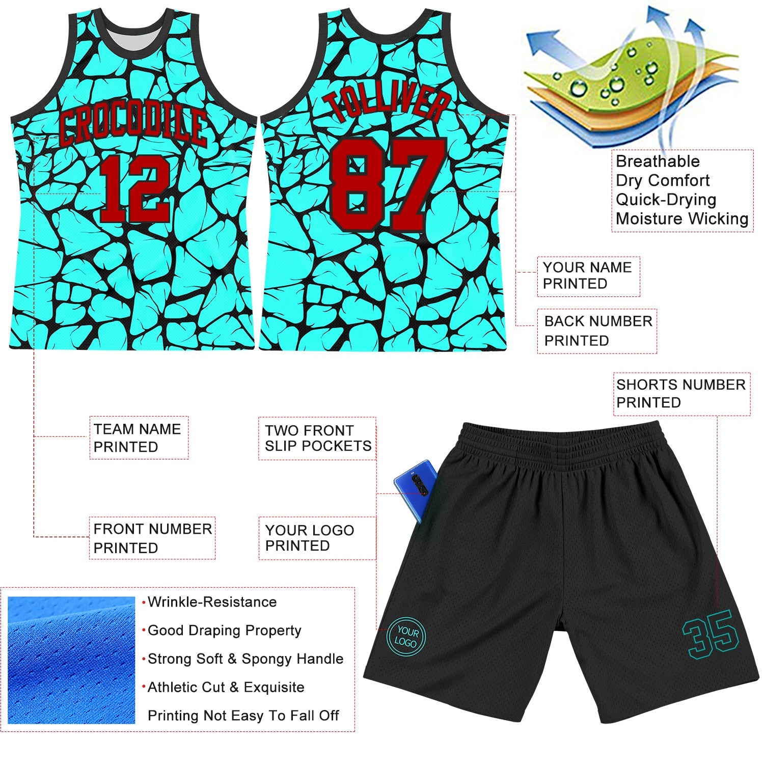 Custom Aqua Red-Black Abstract Network Round Neck Sublimation Basketball Suit Jersey - Sky-Custom