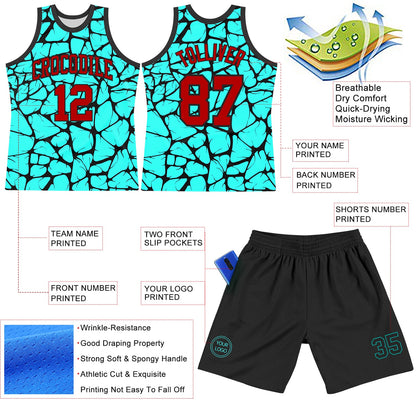 Custom Aqua Red-Black Abstract Network Round Neck Sublimation Basketball Suit Jersey - Sky-Custom