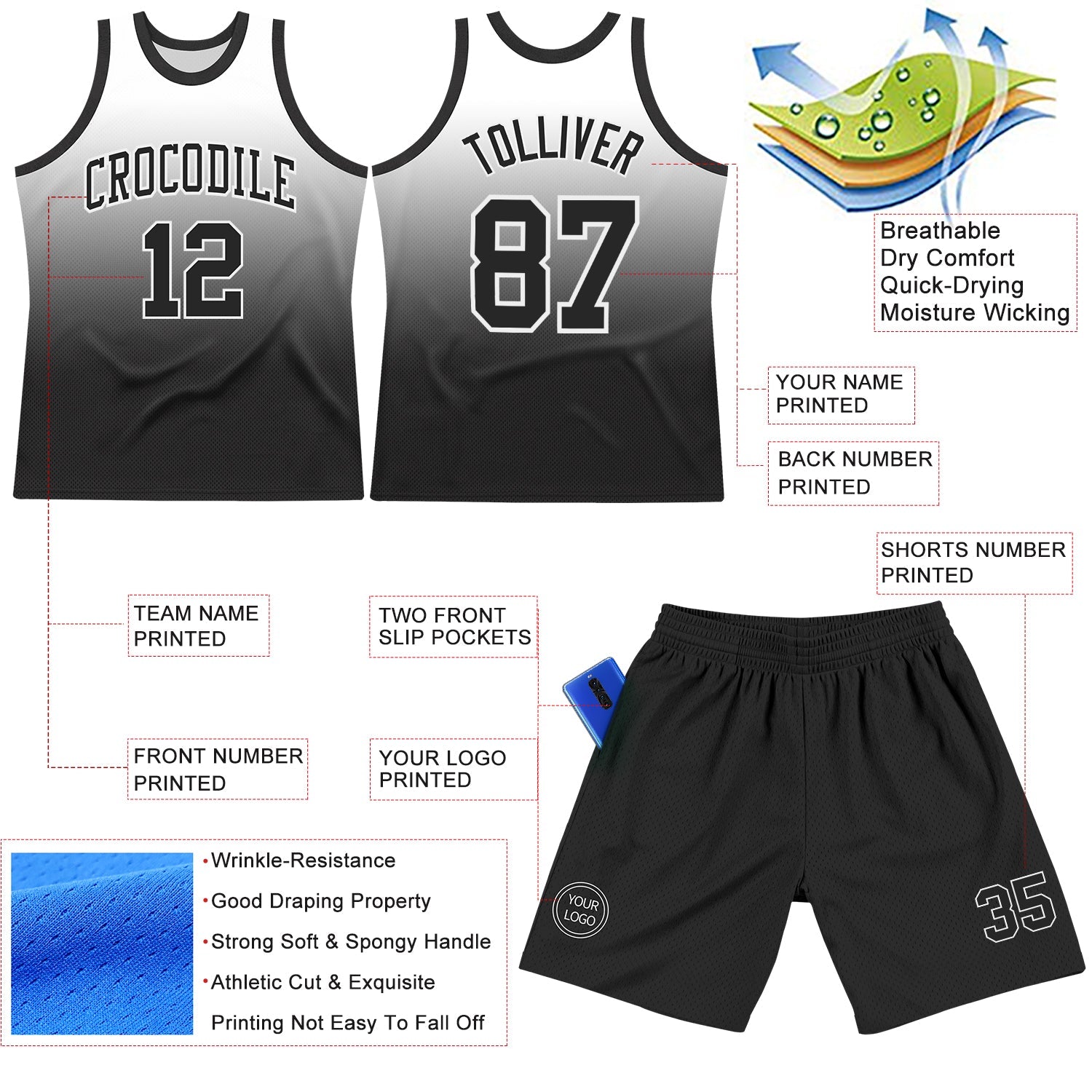 Custom White Black Fade Fashion Round Neck Sublimation Basketball Suit Jersey - Sky-Custom