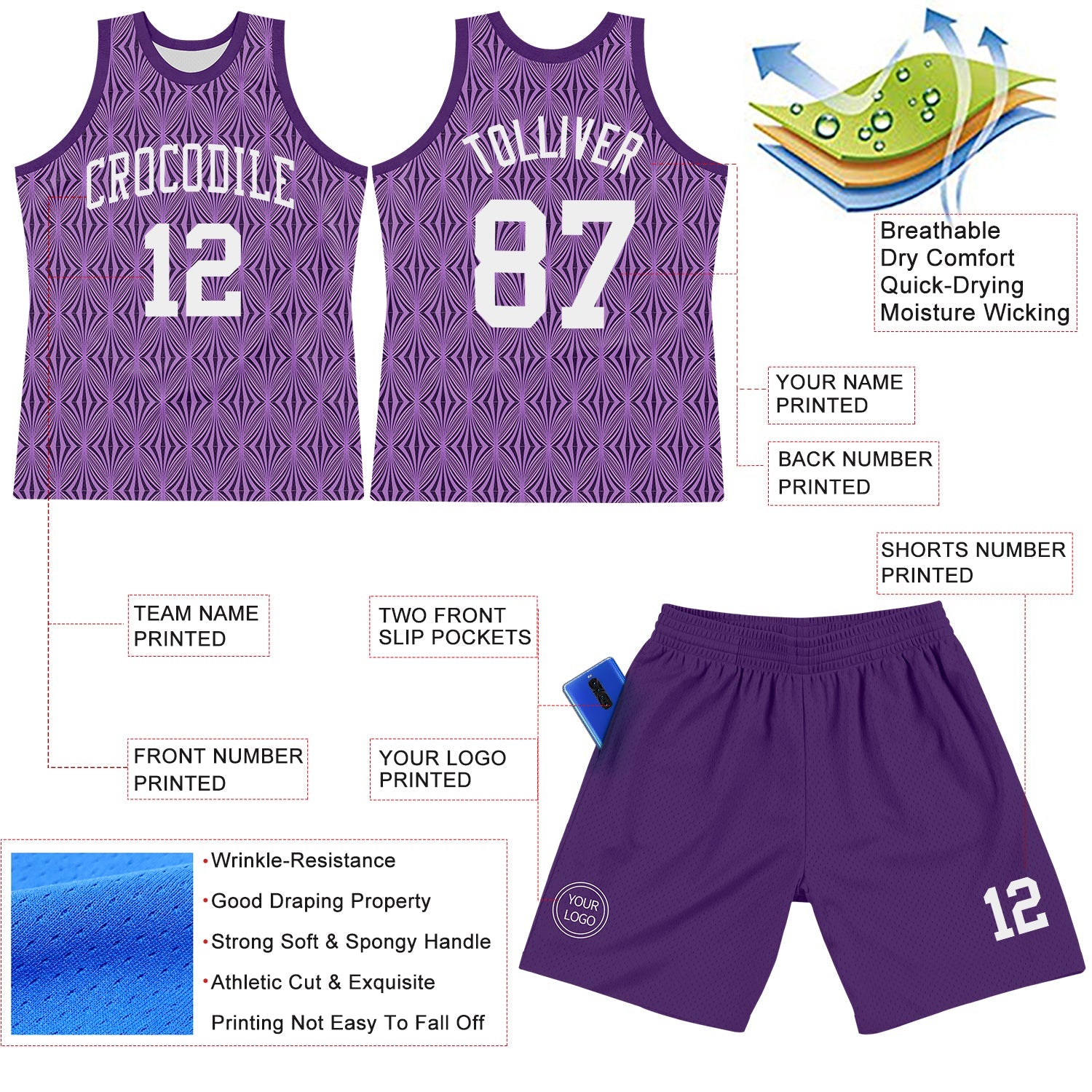 Custom Purple White Geometric Shape Round Neck Sublimation Basketball Suit Jersey - Sky-Custom