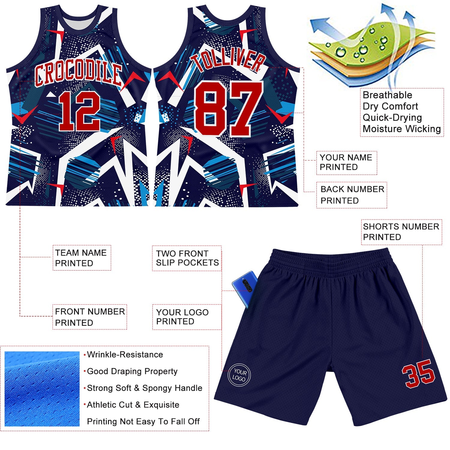 Custom Navy Red-White Geometric Shape Round Neck Sublimation Basketball Suit Jersey - Sky-Custom