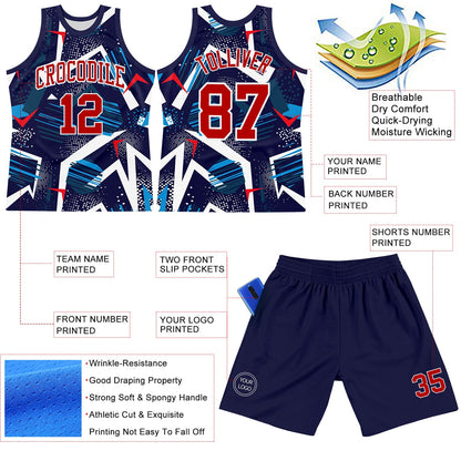 Custom Navy Red-White Geometric Shape Round Neck Sublimation Basketball Suit Jersey - Sky-Custom