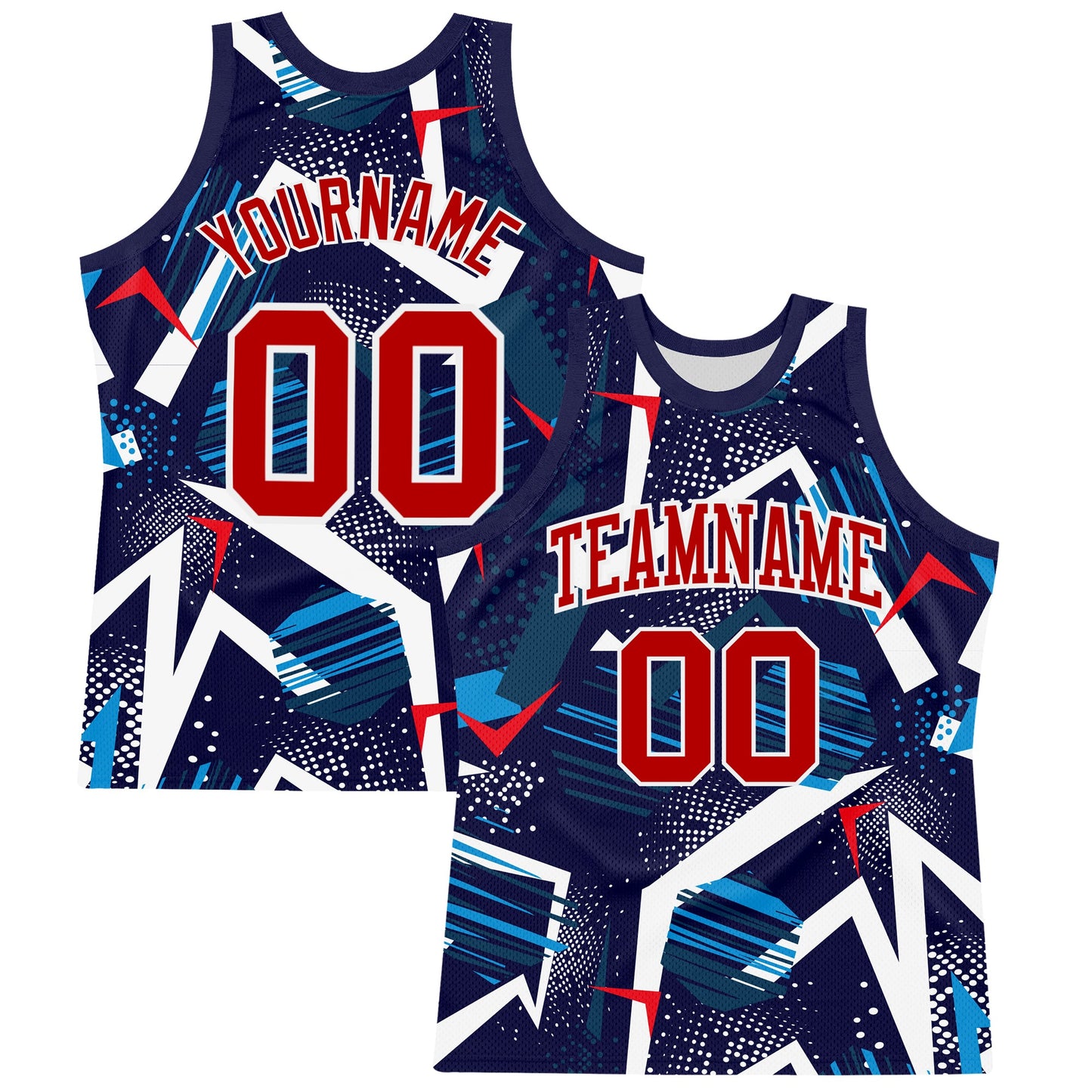 Custom Navy Red-White Geometric Shape Round Neck Sublimation Basketball Suit Jersey - Sky-Custom