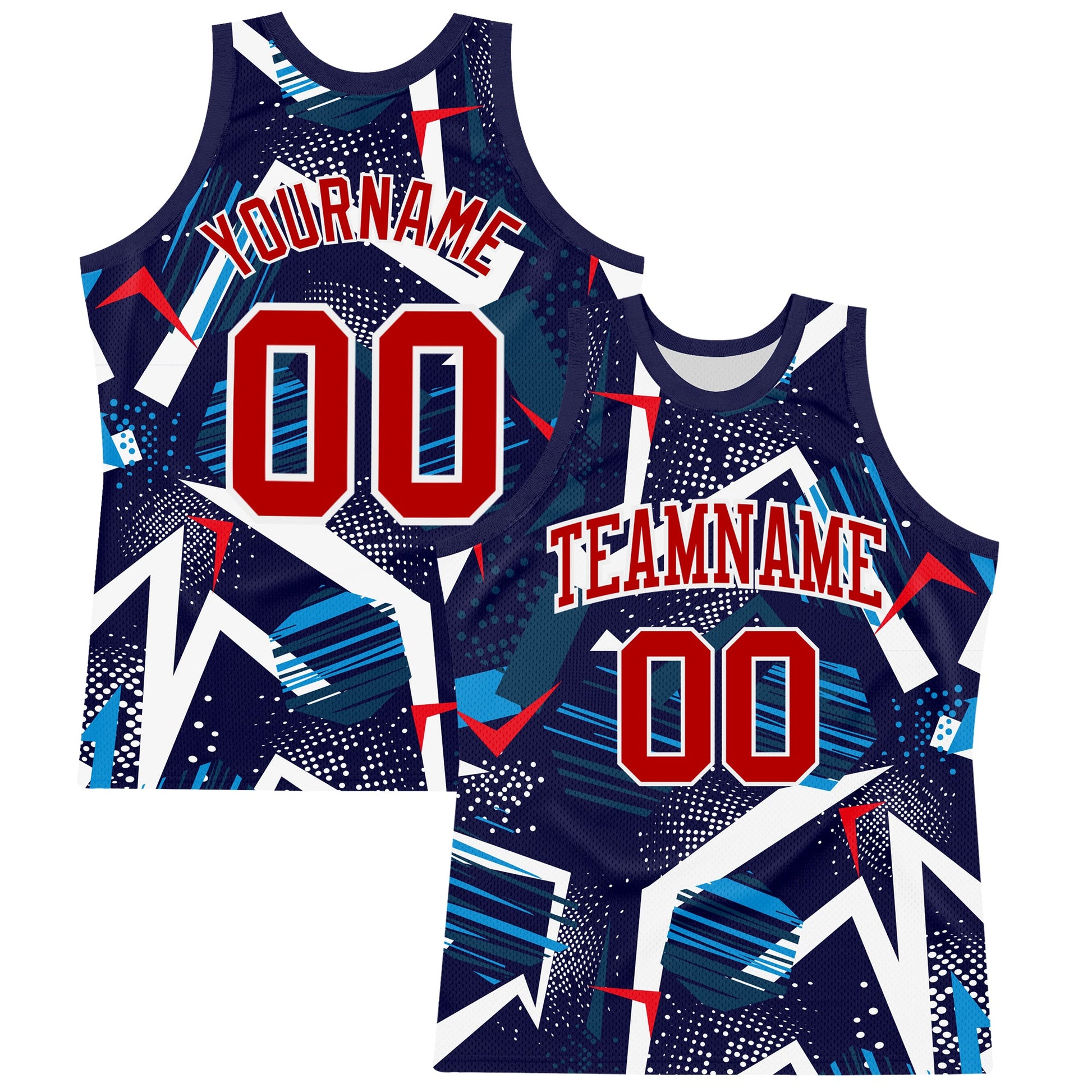 Custom Navy Red-White Geometric Shape Round Neck Sublimation Basketball Suit Jersey - Sky-Custom