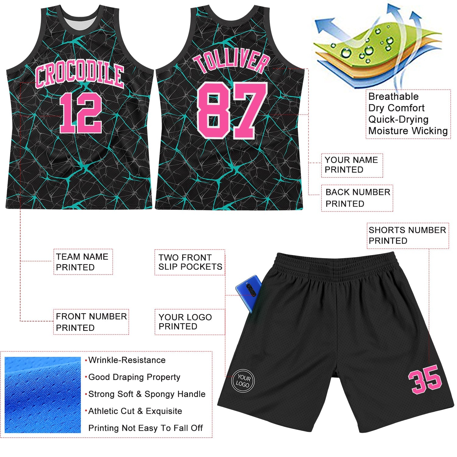 Custom Black Pink Aqua-White Abstract Network Round Neck Sublimation Basketball Suit Jersey - Sky-Custom