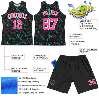 Custom Black Pink Aqua-White Abstract Network Round Neck Sublimation Basketball Suit Jersey - Sky-Custom