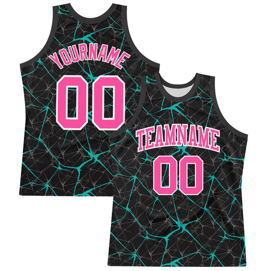 Custom Black Pink Aqua-White Abstract Network Round Neck Sublimation Basketball Suit Jersey - Sky-Custom