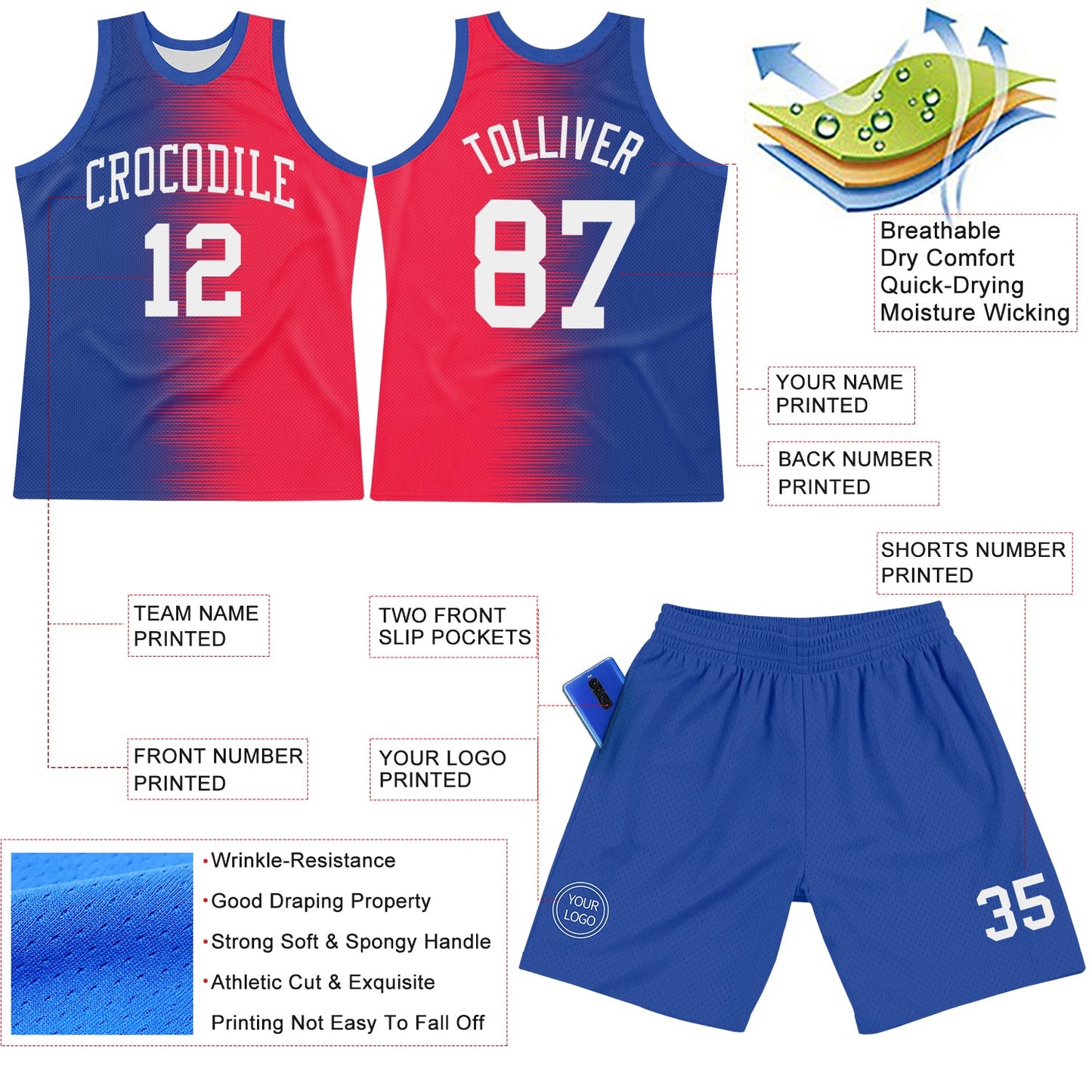Custom Red White-Royal Gradient Line Round Neck Sublimation Basketball Suit Jersey - Sky-Custom