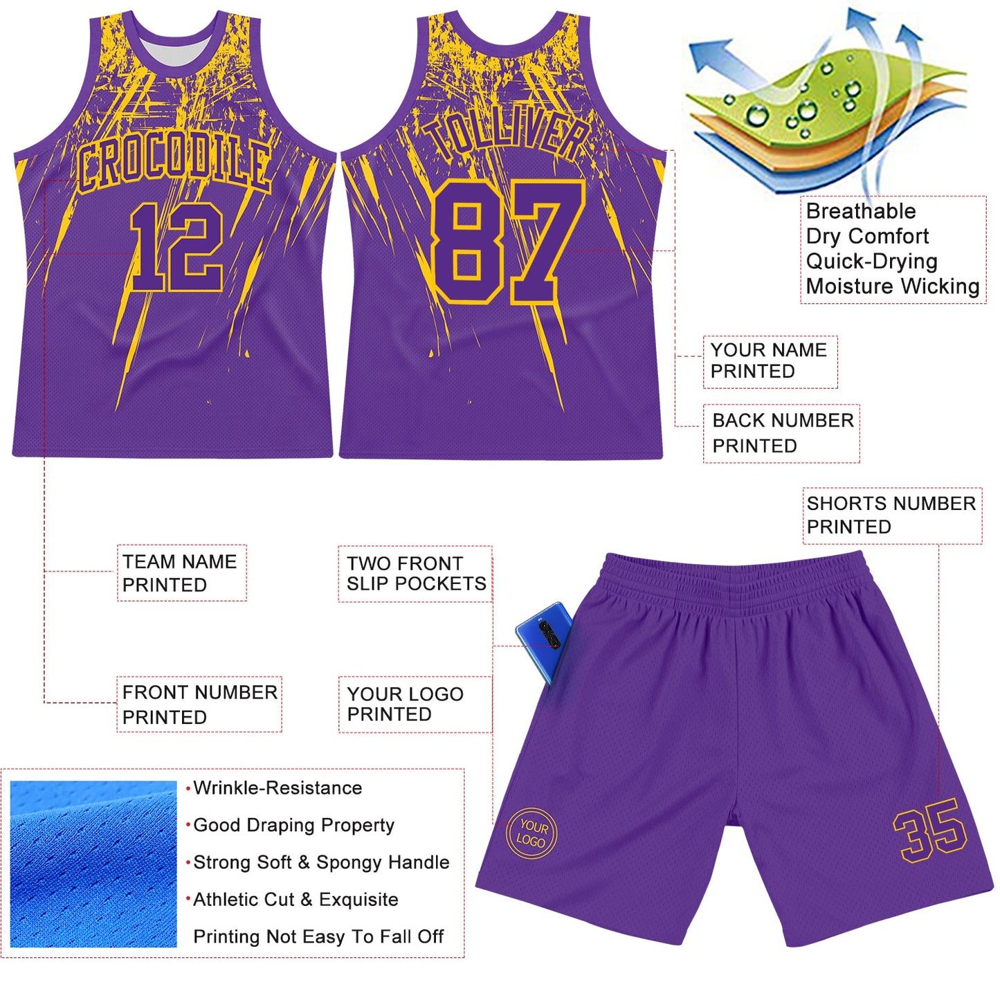Custom Purple Yellow Splash Round Neck Sublimation Basketball Suit Jersey - Sky-Custom