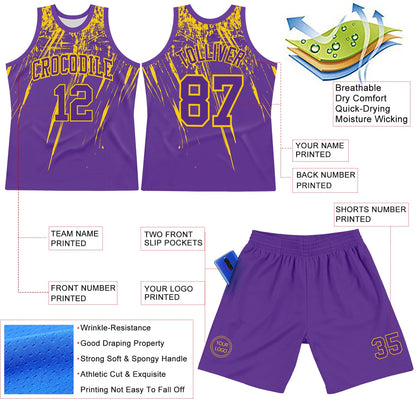 Custom Purple Yellow Splash Round Neck Sublimation Basketball Suit Jersey - Sky-Custom